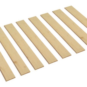 May include: Eight natural wood slats, arranged in a row, with the ends aligned. The slats are light brown in color and have a smooth, polished finish.