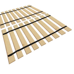 May include: A wooden slat bed frame with black straps. The slats are arranged in a grid pattern and are held together by the straps.