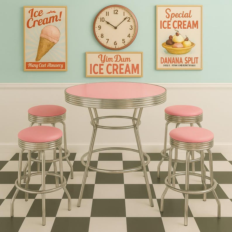 May include: A retro ice cream parlor set with a pink table and matching stools. The table has a chrome trim and a pink top. The stools have pink seats and chrome legs. Vintage ice cream posters and a clock are on the wall.