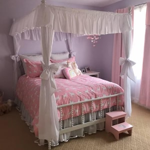 FULL SIZE Solid White Canopy Bed Fabric Top with Princess Drape Curtains and White Ribbon Ties