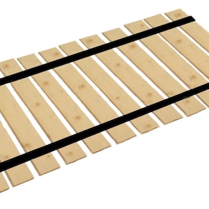 May include: A wooden slat bed frame with black straps. The slats are arranged in a grid pattern and are held together by the straps.