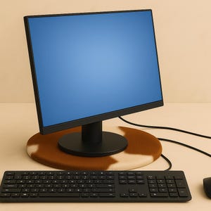 May include: A black computer monitor with a blue screen sits on a brown and white cowhide-patterned desk mat. A black keyboard and mouse are in the foreground. The monitor is connected to the keyboard and mouse with black cables.