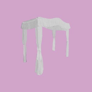 May include: White sheer canopy bed curtain with a ruffled top and four hanging panels.