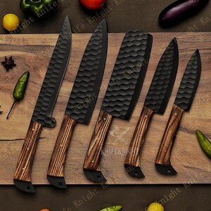Hand Forged Carbon Steel Chef&#39;s Knives Set {Damascus Chef Knife} Damascus Kitchen Knife Set,Anniversary Gift,Christmas Gifts (Gift For Him)