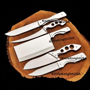 May include: A set of five stainless steel kitchen knives with silver blades and handles. The knives include a cleaver, a carving knife, and other blades. The knives are displayed on a wooden cutting board. The text "KnifeKnightUSA" is printed on the blades.