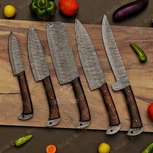 5 Pcs BBQ Damascus Steel Chef Set, handmade Kitchen knives, Hand Forged Chef knives Set, Damascus Chef knife, Anniversary & Birthday Gift