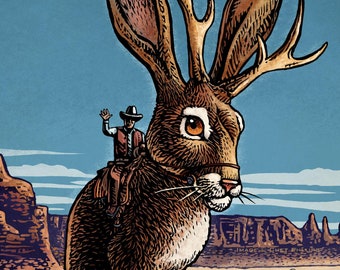 May include: A brown jackalope with large ears and antlers stands in a desert landscape. A cowboy in a brown hat and vest rides on the jackalope's back. The text "THE JACKALOPE" is at the bottom of the image.
