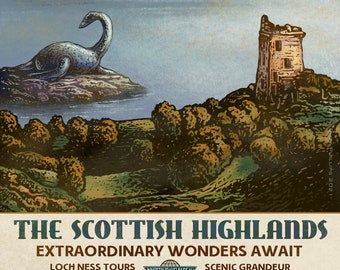 Scottish Highlands/Loch Ness- 13" x 19" signed print- Mystery Travel Bureau series