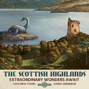 Scottish Highlands/Loch Ness- 13&quot; x 19&quot; signed print- Mystery Travel Bureau series
