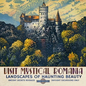 Visita Rumania mística- Impresión firmada de 13" x 19"- Serie Mystery Travel Bureau
