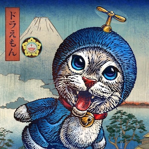 May include: A whimsical illustration of a cat-like character in a blue outfit with a propeller on its head, set against a Japanese landscape with Mount Fuji. The image features Japanese text and a bell collar.