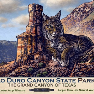 May include: A colorful illustration of Palo Duro Canyon State Park in Texas, featuring a bobcat sitting on a rock formation with a canyon in the background. The text "Palo Duro Canyon State Park" and "The Grand Canyon of Texas" is displayed at the bottom of the image.