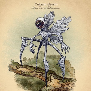 May include: A detailed illustration of a white, skeletal creature with large wings and sharp teeth. The creature is standing on a tree branch. The text "Calcium Esuriit -Puer Inferni Adversarius-  Mediocris Dente -Swarm Mortiferum- " is written below the creature.