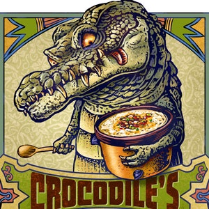 May include: A vintage-style illustration features a detailed crocodile holding a pot of chowder and a wooden spoon. The text "Crocodile's Crock Pot Chowder" is displayed in a decorative font, with a green, blue, and orange color scheme.