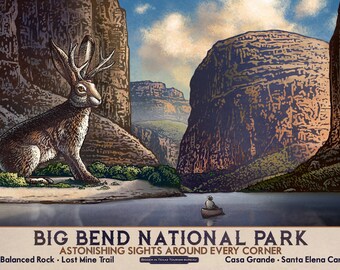 Big Bend National Park - Jackalope Fantasy Texas Travel Poster - Etsy