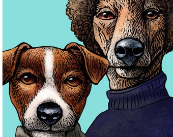 Simon and Barkfunkel- 8" x 10" Art Print Portrait of Simon and Garfunkle as Dogs