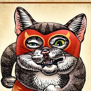 May include: A cartoon illustration of a gray and white cat wearing a red wrestling mask with a yellow flame design. The cat is wearing red wrestling boots with black laces and a yellow and orange wrestling outfit. The cat is in a fighting stance with its fists clenched.