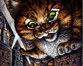 May include: A cartoon illustration of a giant cat, called "Catzilla", towering over a city. The cat is brown and orange with green eyes and a mischievous grin. The city is in flames and there are people running away from the cat.