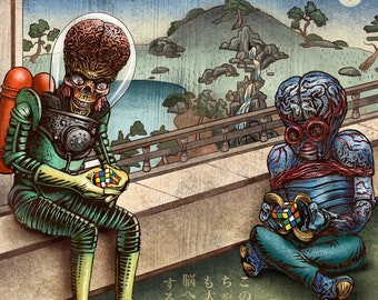 Rubik's Cube Puzzler 11 x 14 Signed Print -Martian and Metaluna Mutant Japanese Style