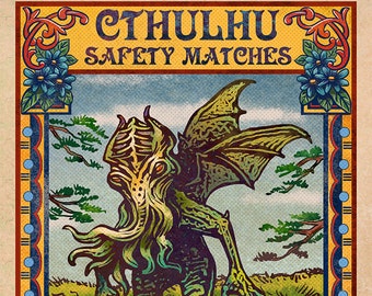 Cthulhu Matchbox Art- 5" x 7" matted signed print