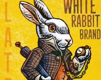 White Rabbit Matchbox Art- 5" x 7" matted signed print