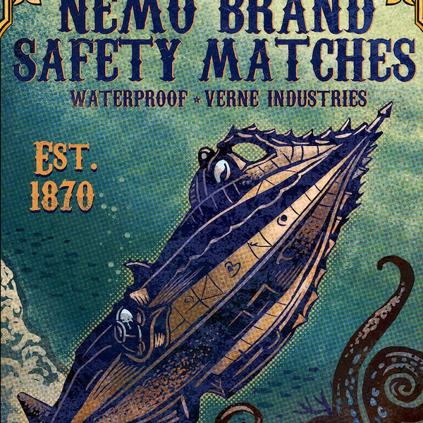 Nautilus Nemo Brand Matchbox Art- 5" x 7" matted signed print