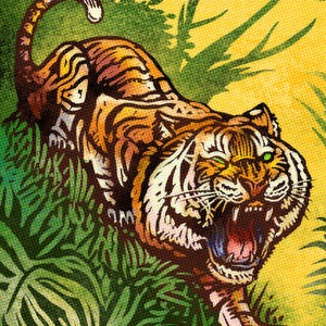 May include: Vintage matchbox label featuring a snarling tiger with green eyes, set against a jungle backdrop. The label reads "Shere Khan Safety Matches Produced by Kipling Industries Jungle Brand Matchworks Est 1894".