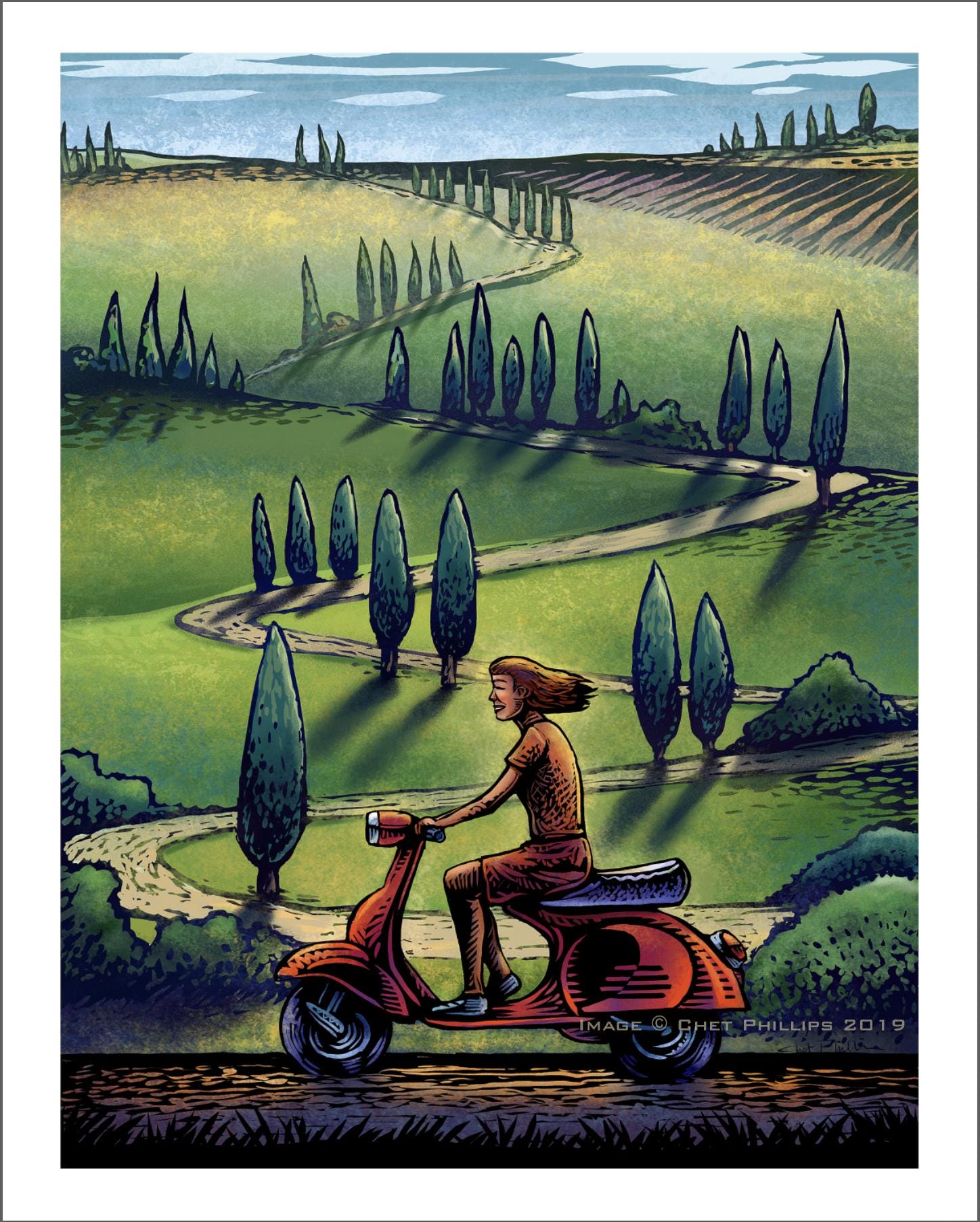 Vepsa Morning Ride- 8"  x 10" Scooter in Italian Countryside Art Print- Vespa Wall Decor