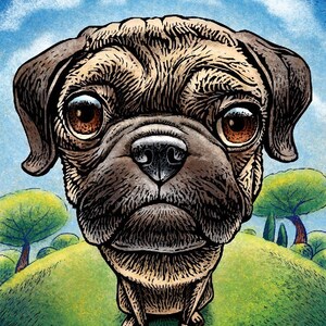 Pugnacious Pug Dog- 8&quot; x 10&quot;- Pug Wall Art- Pug Art- Whimsical Dog Art- Dog Wall Decor- Dog Print