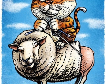 Knit Wit 8" x 10" Whimsical Cat Knitting From Sheep's Wool- Crafter's Wall Decor