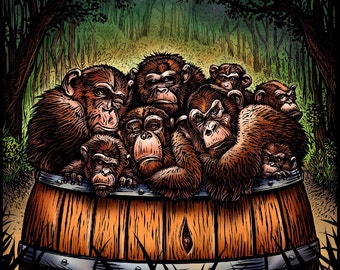 ¿Nos estamos divirtiendo todavía- 8" x 10" Monos caprichosos en una impresión de arte de barril