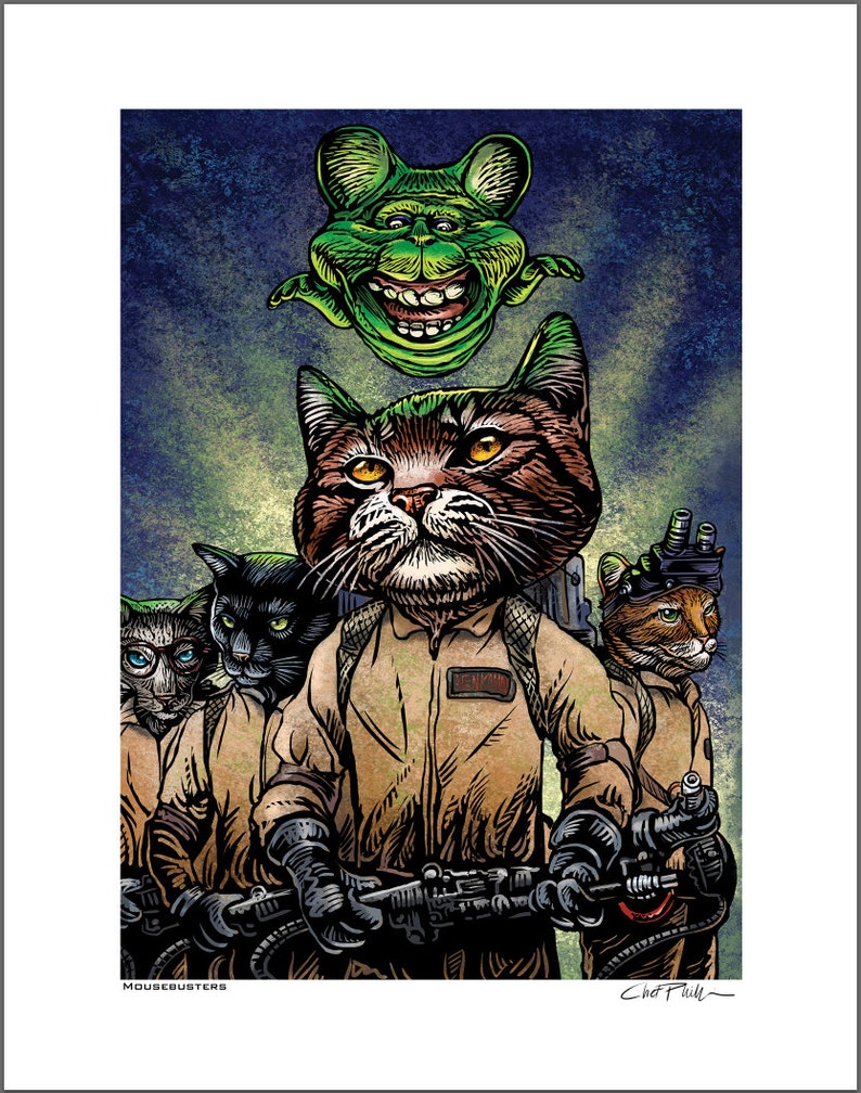 Mousebusters 11 x 14 signed print Ghostbusters Crew as Cats With Mouse Ghost image 1