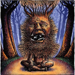 May include: A detailed illustration of a tree spirit with a human-like face and a mouth full of birds. The spirit is sitting cross-legged in a forest setting.