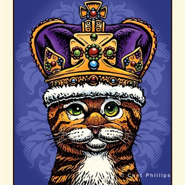 Tabby Cat Queen- 8" x 10" Whimsical Cat Art Print- Cat Wearing a Crown- Cat Wall Decor