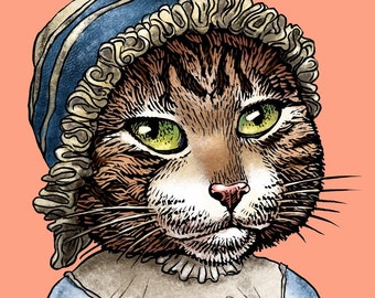 Jane Pawsten- 8" x 10" Art Print Portrait of Jane Austen as a Cat- Whimsical Tabby Cat Art
