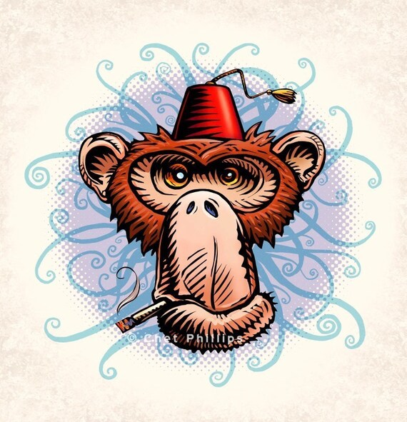 Fez Monkey 8 X 10 Whimsical Monkey 