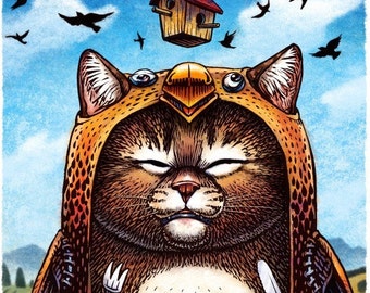 The Trojan Bird- 8" x 10"- Cat Art Print- Cat Wall Decor- Cat Wall Art- Cat Print- Cat Gift