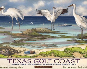 May include: A vintage-style travel poster featuring three white cranes on a beach with the ocean in the background. The poster includes a blue and brown vintage car, sailboats, and the text "TEXAS GULF COAST". The poster promotes natural wonders.