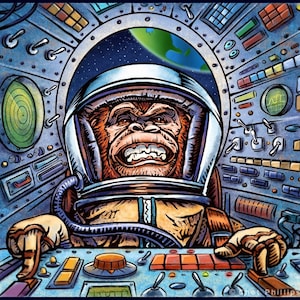 Puede incluir: Una ilustración de dibujos animados de un mono con un casco espacial y un traje espacial, sentado en la cabina de una nave espacial. El mono mira hacia adelante con una expresión seria en su rostro. La cabina está llena de botones y controles.