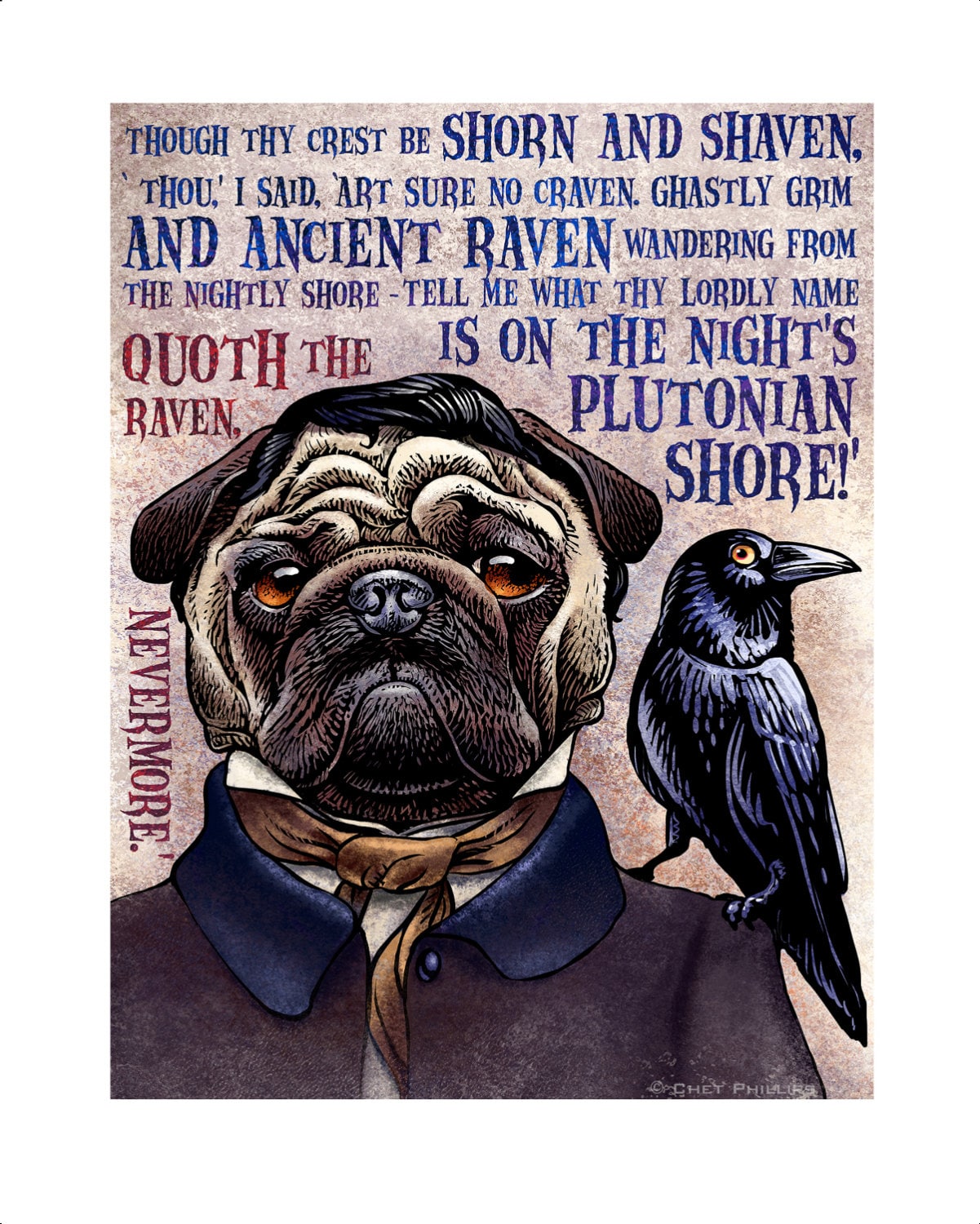 Edgar Allan Pug With Raven Quote- 8 X 10 Signed Print Edgar Allan Poe ...
