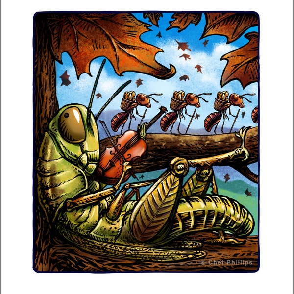 The Grasshopper and the Ants 8" x 10" Whimsical Art Print- Aesop Fable Wall Decor