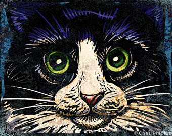 Tuxedo Cat 8" x 10" Cat Art Print- Tuxedo Cat Wall Decor