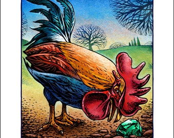 The Rooster and the Jewel- 8" x 10" Rooster Art Print- Rooster Wall Decor