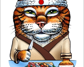 Konnichiwa- 11" x 14" Cat as Sushi Chef Art Print