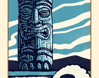 Guardian- 8" x 10" Tiki print- Tiki Wall Decor- Blue Tiki Art Print