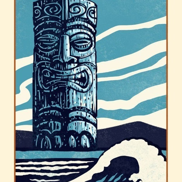 Guardian- 8" x 10" Tiki print- Tiki Wall Decor- Blue Tiki Art Print