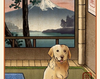 Golden Retriever 8" x 10" Japanese Styled Dog Art Print- Whimsical Dog Art Wall Decor