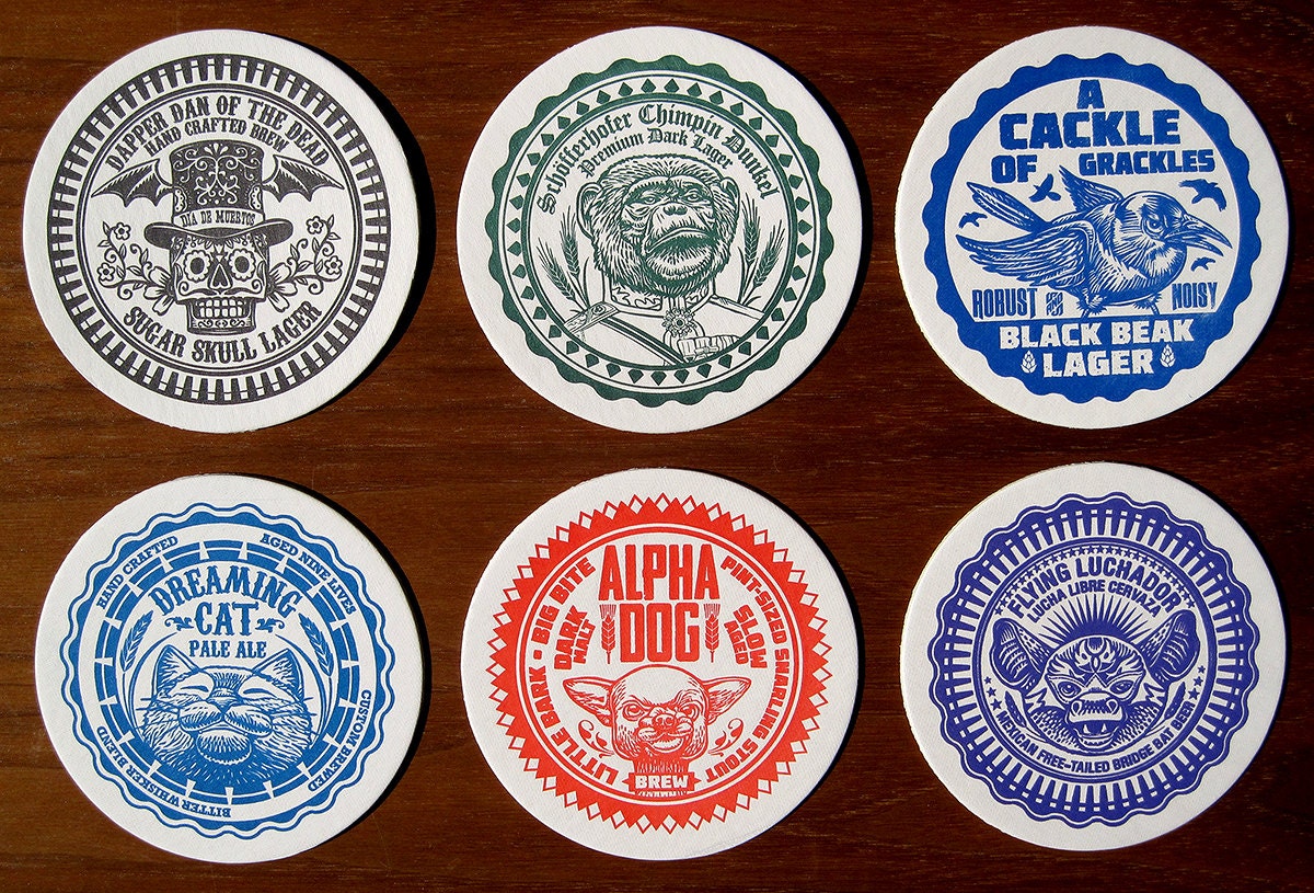 Chetart Drink Coasters 4 Round Variety of 6 Thick Paper Coasters With Whimsical Fictitious Beer Brands Etsy
