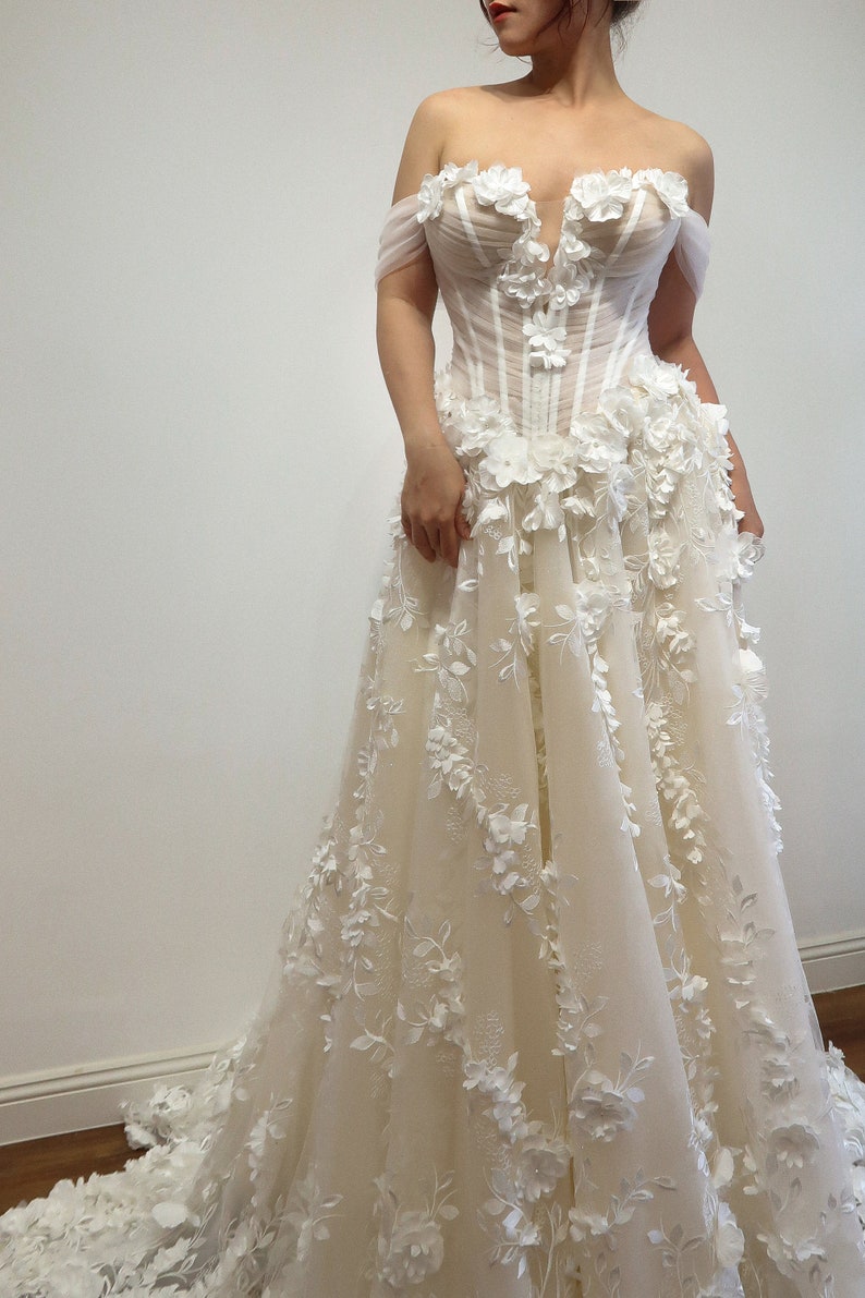 A-Line Pleated Off Shoulder Maxi Evening Dresses with Corset Bodice & Floral Embroidery main image 1