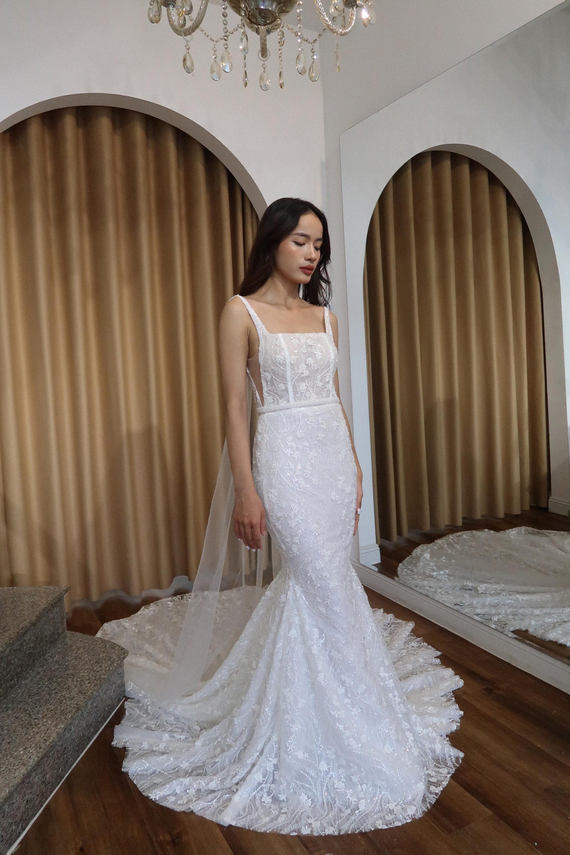Square Neck Mermaid Wedding Dress With Straps - Beaded